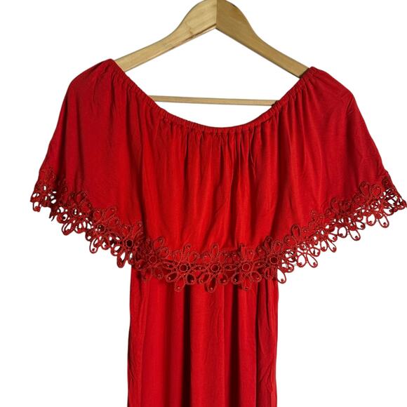 Chico’s Runway Red Embroidered Hem Off the Shoulder Knee Length Dress Size 6 - Picture 4 of 11
